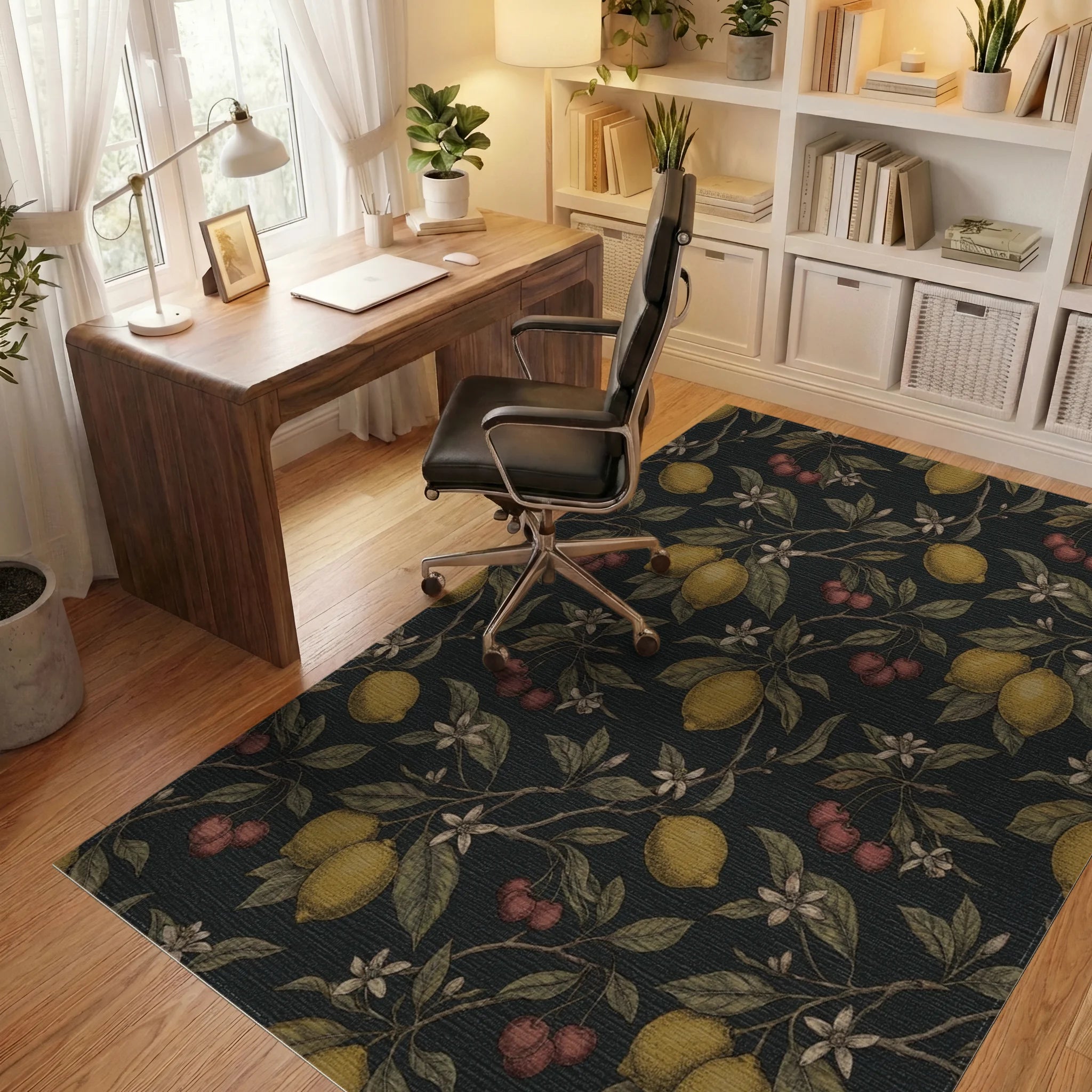 Orchard Lemons Cherries Botanical Dark Rug Office View