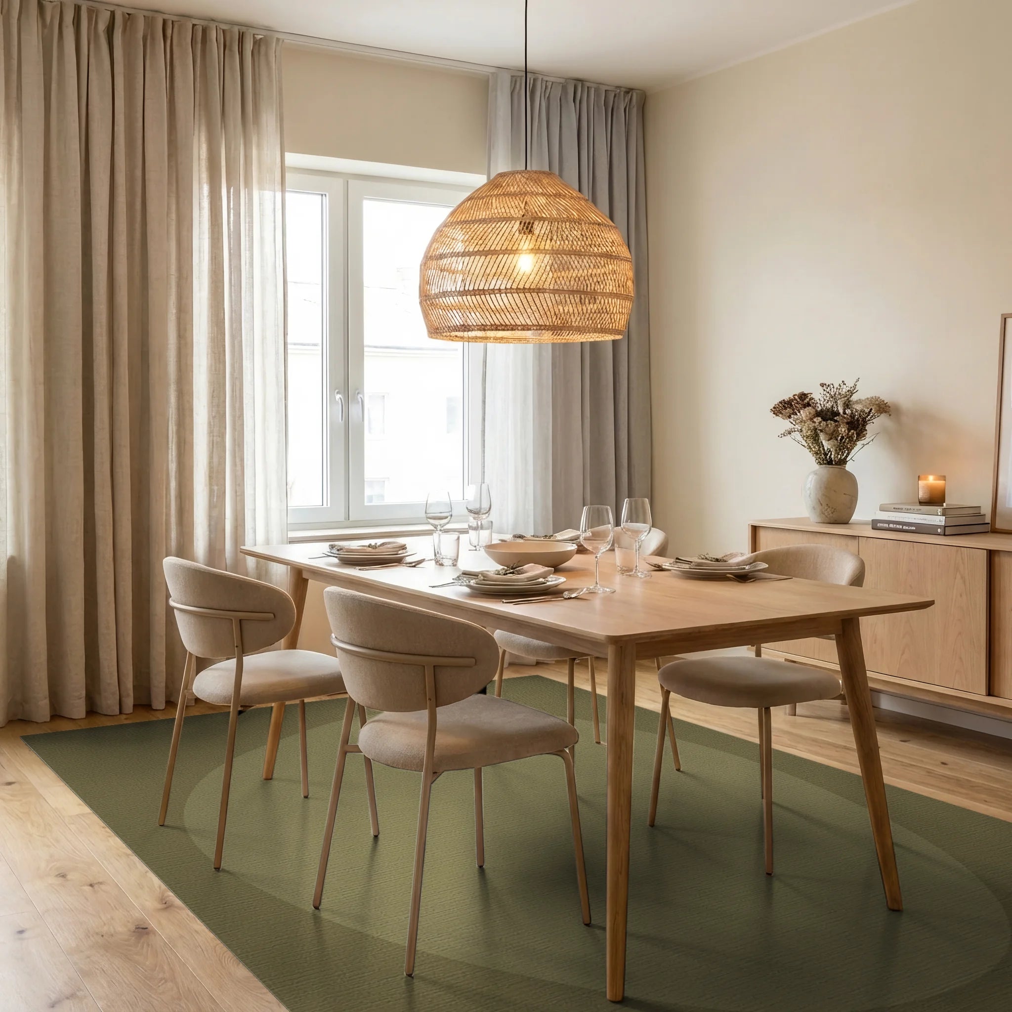 Organic Ochre Soft Curve Rug Dining Room View