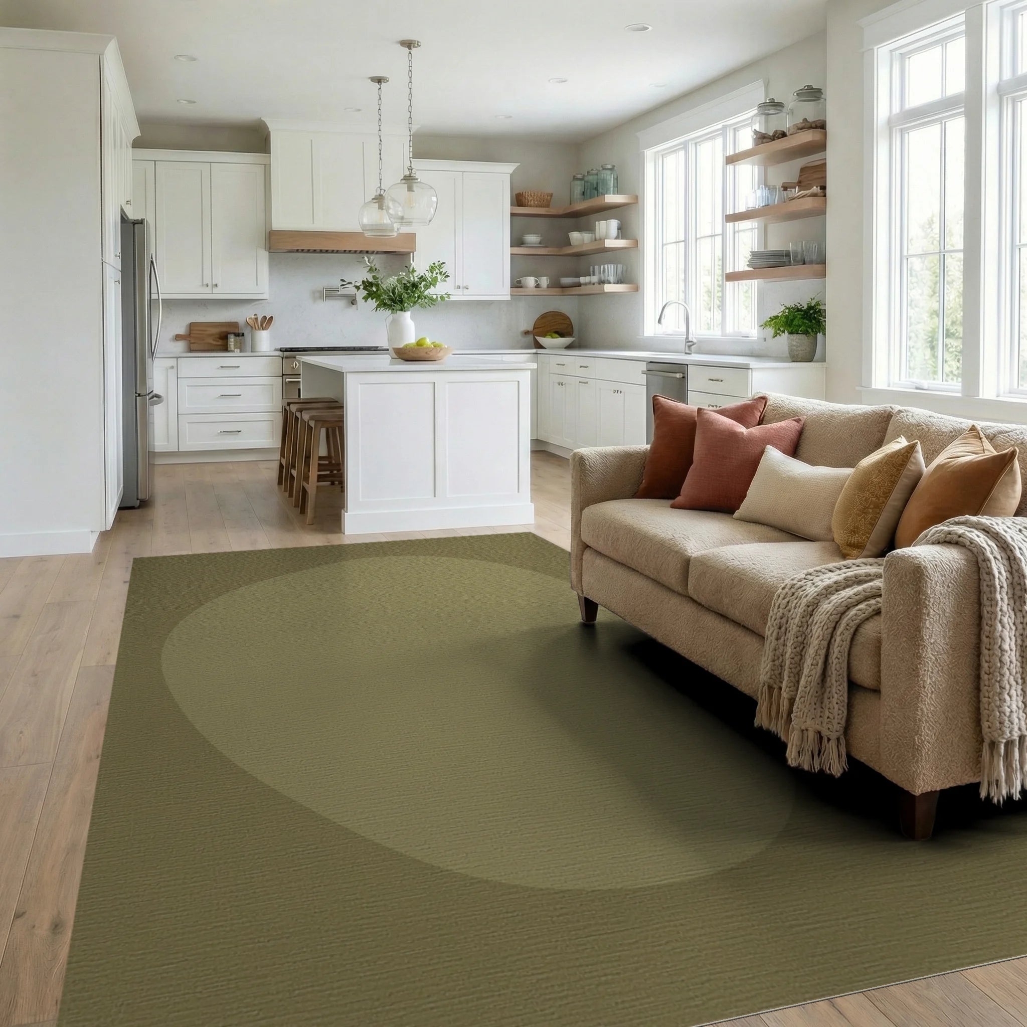 Organic Ochre Soft Curve Rug Living Room View