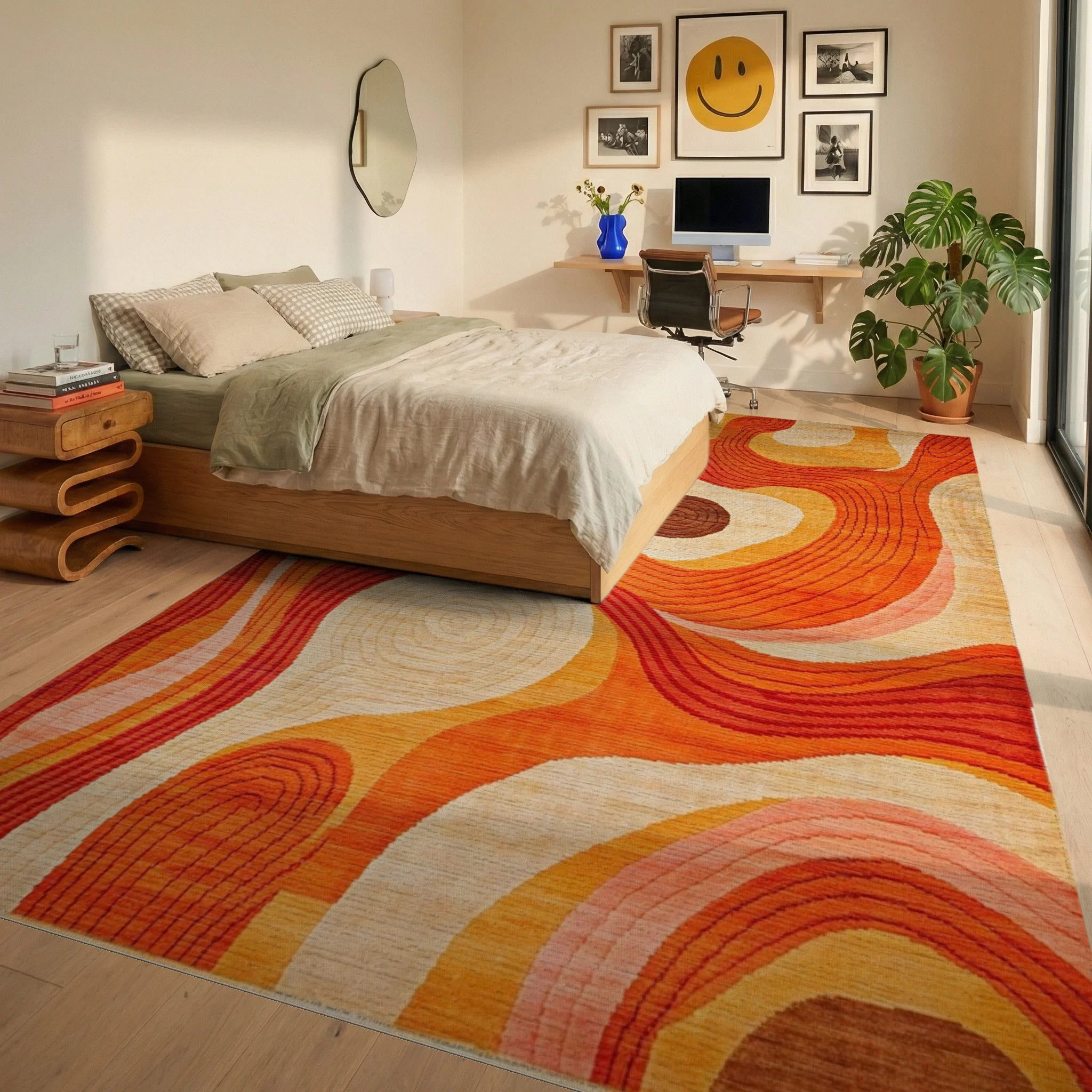 Organic Warm Tones Swirl Rug - Bedroom View