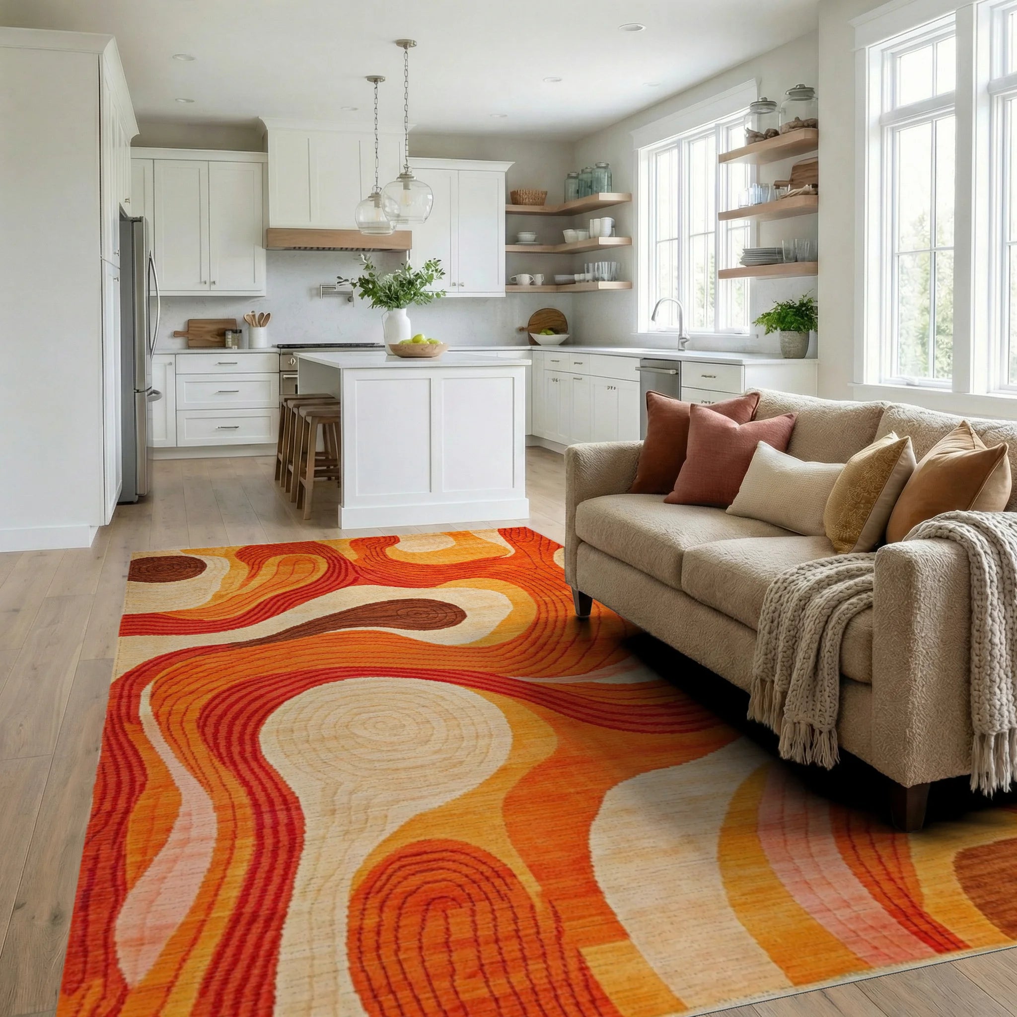 Organic Warm Tones Swirl Rug - Living Room View