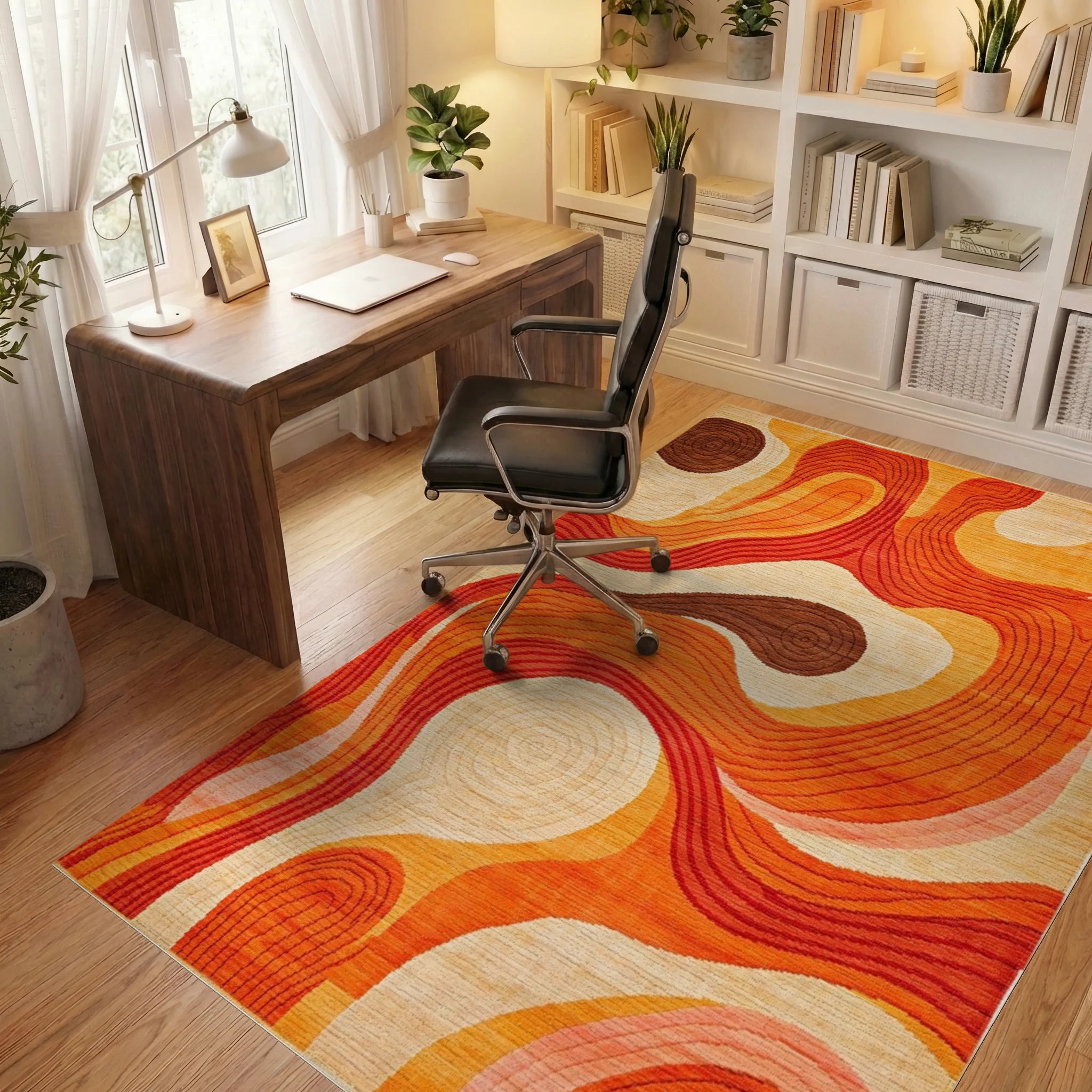 Organic Warm Tones Swirl Rug - Office View