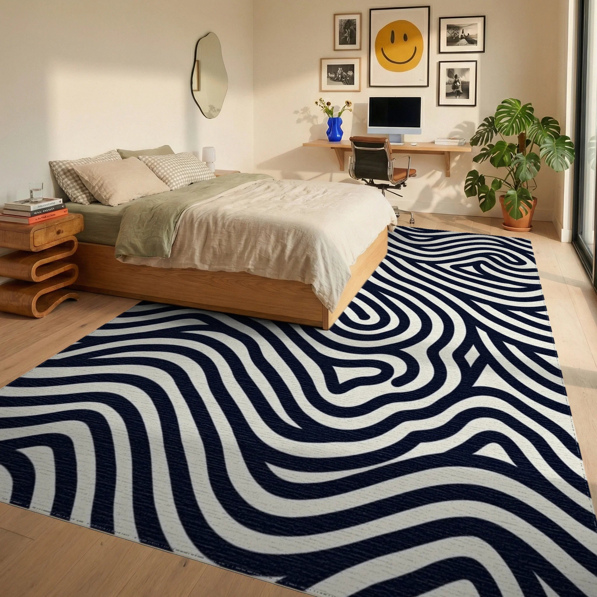 Organic Wavy Line Pattern Rug Bedroom View