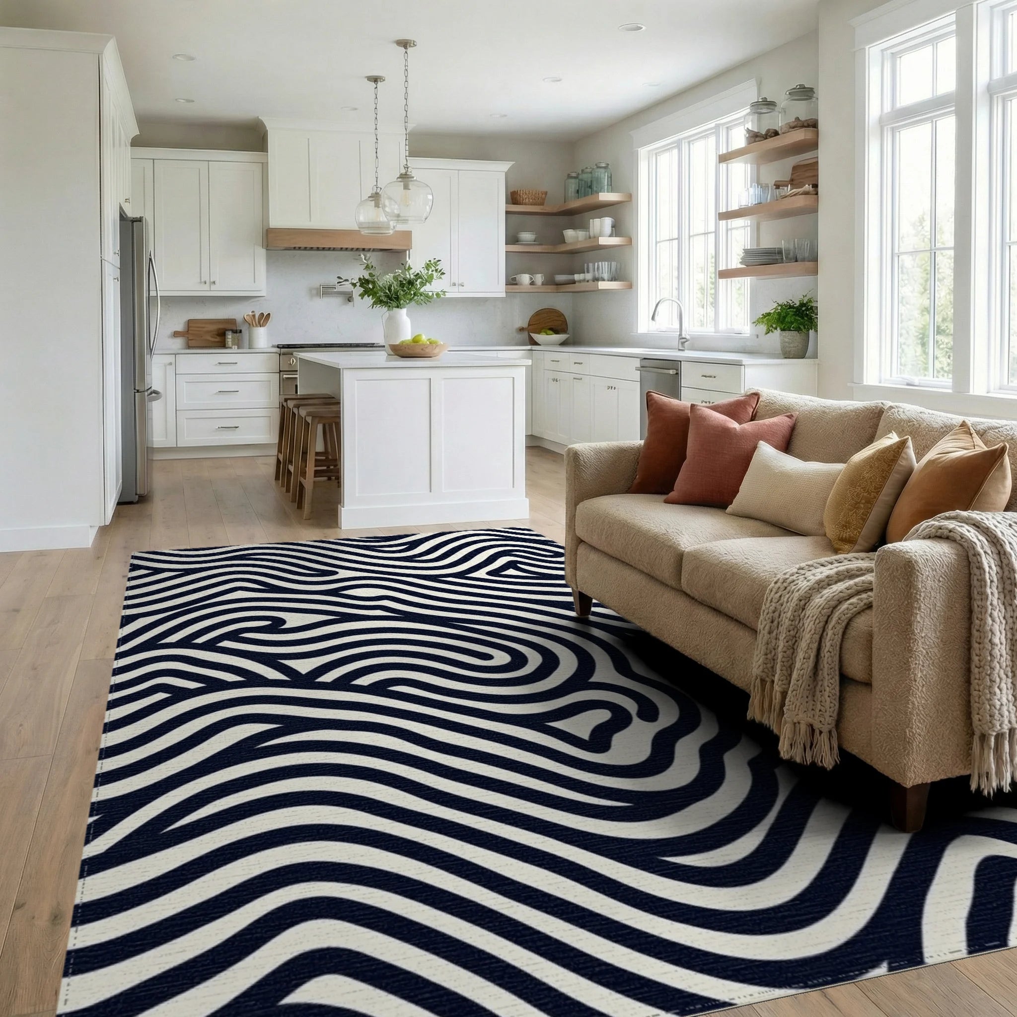 Organic Wavy Line Pattern Rug Living Room View
