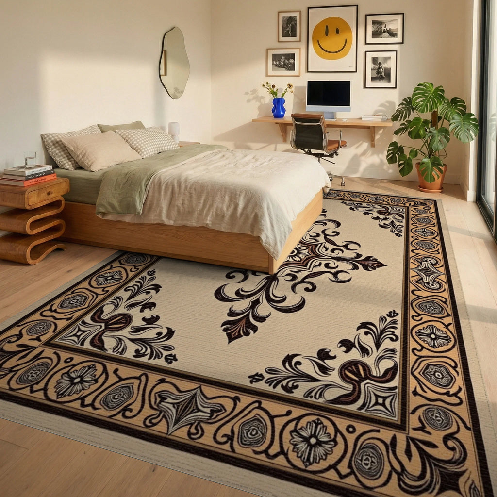 Ornate Beige Black Scrollwork Medallion Rug - Bedroom View