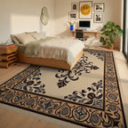 Ornate Beige Black Scrollwork Medallion Rug - Bedroom View