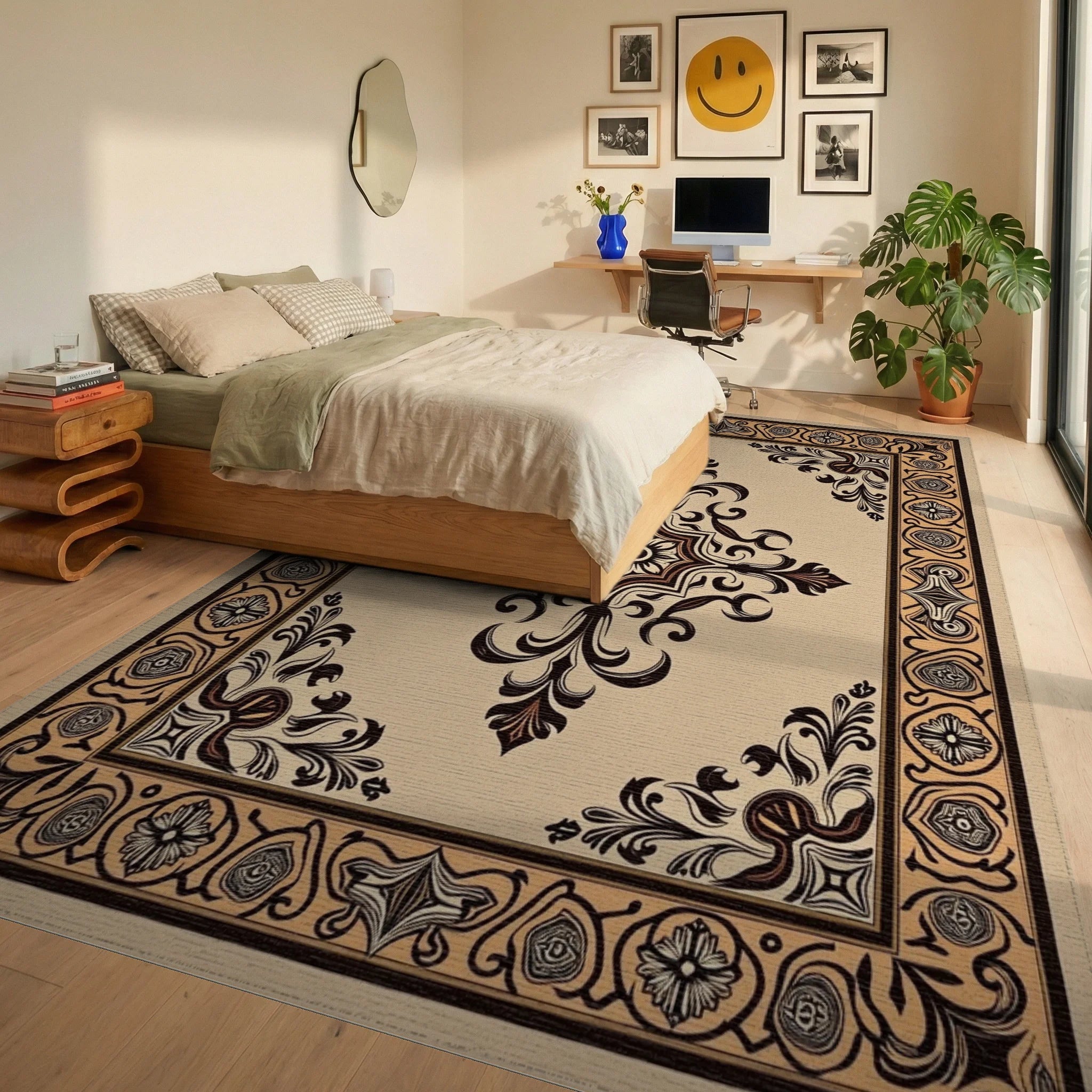 Ornate Beige Black Scrollwork Medallion Rug - Bedroom View