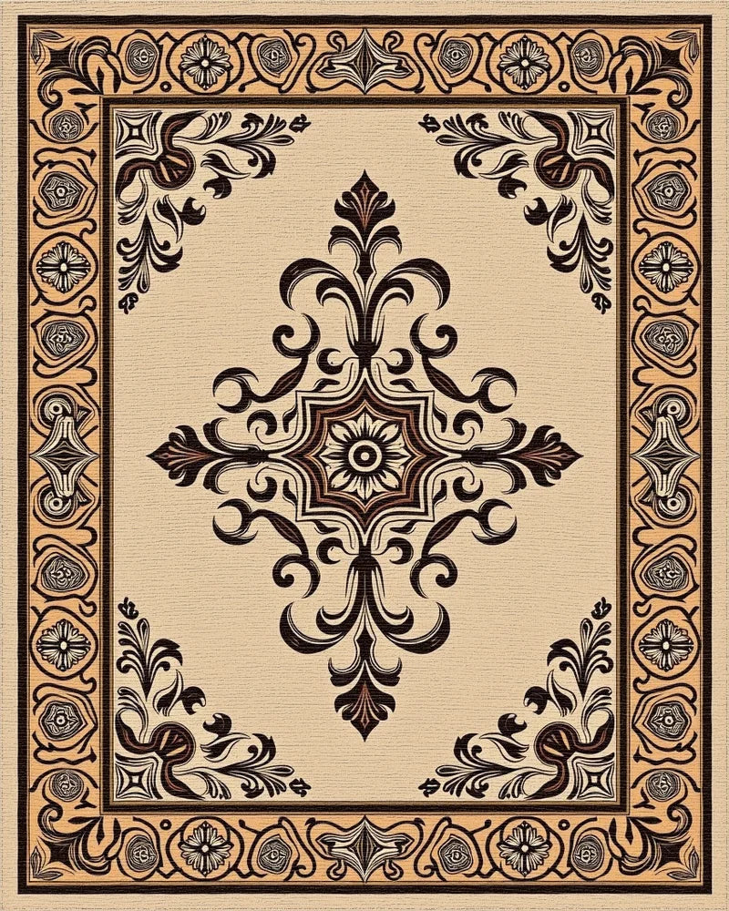 Ornate Beige Black Scrollwork Medallion Rug - Cutout View