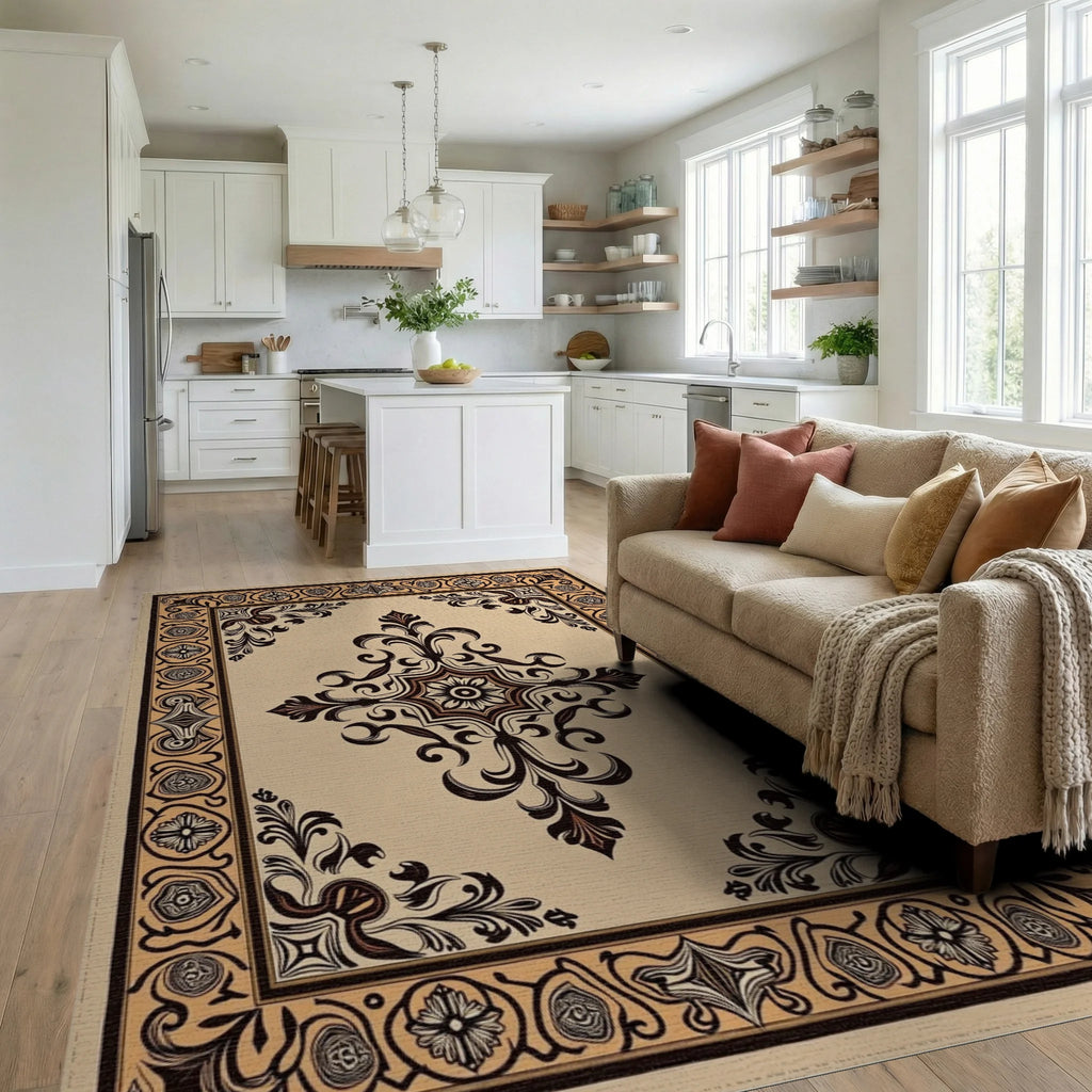 Ornate Beige Black Scrollwork Medallion Rug - Living Room View