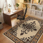 Ornate Beige Black Scrollwork Medallion Rug - Office View