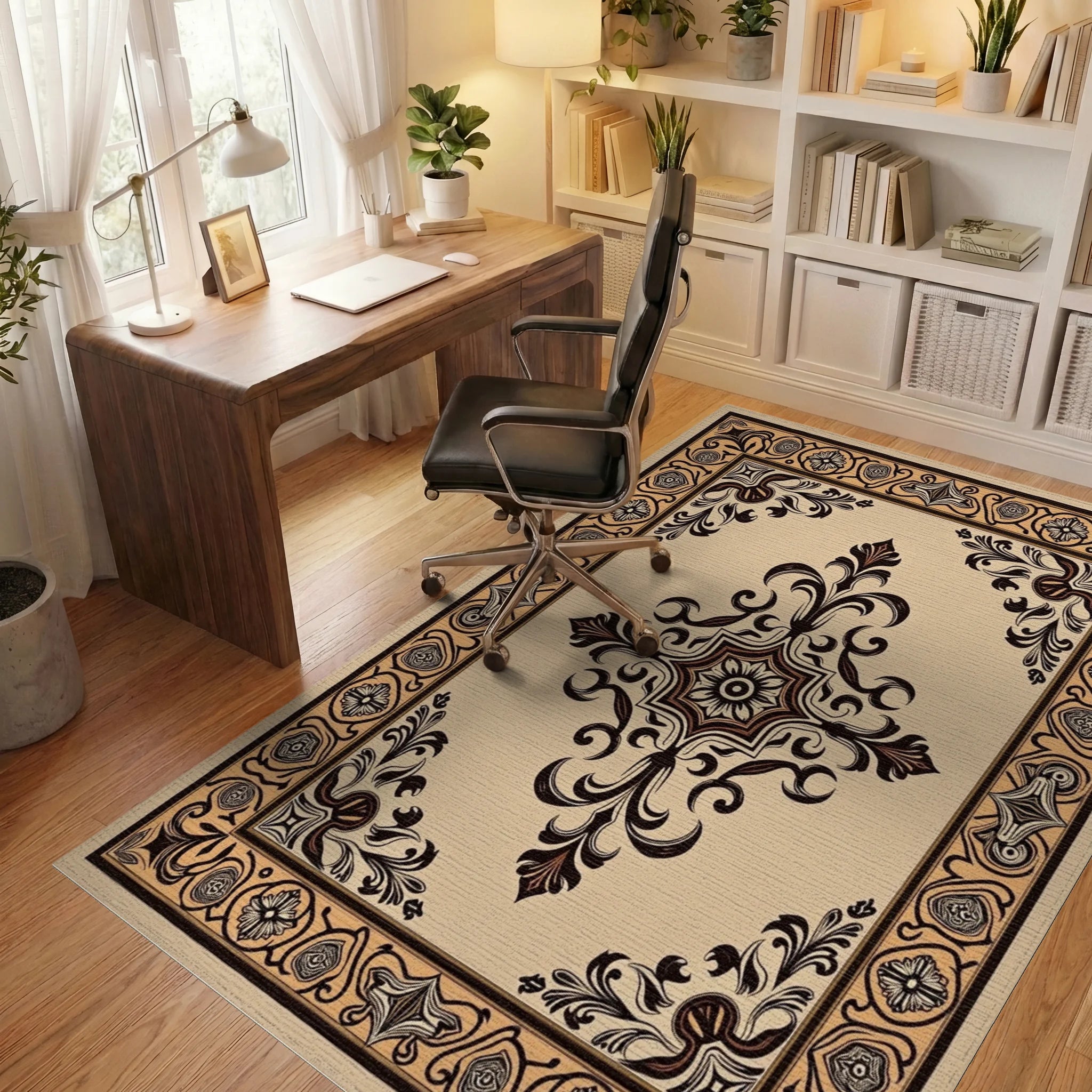 Ornate Beige Black Scrollwork Medallion Rug - Office View