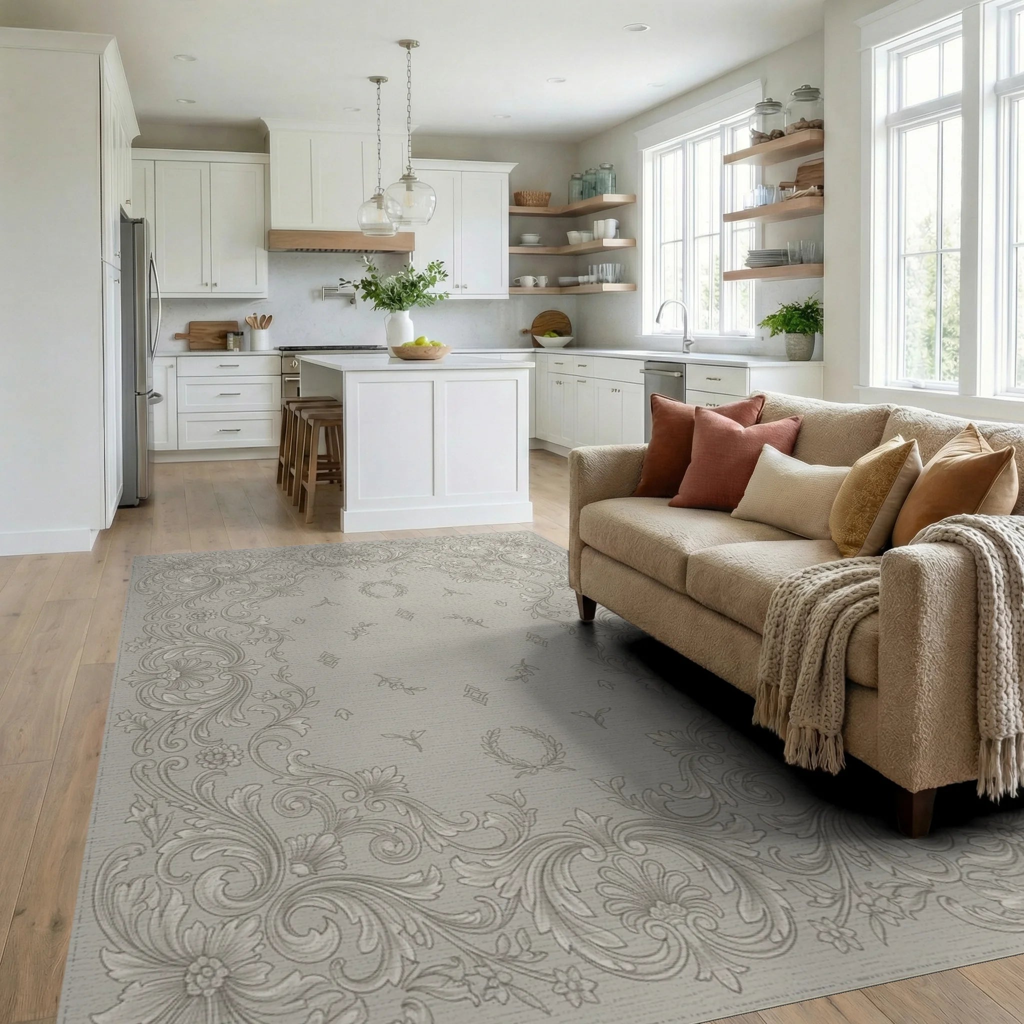 Ornate Beige Floral Scroll Frame Rug Living Room View