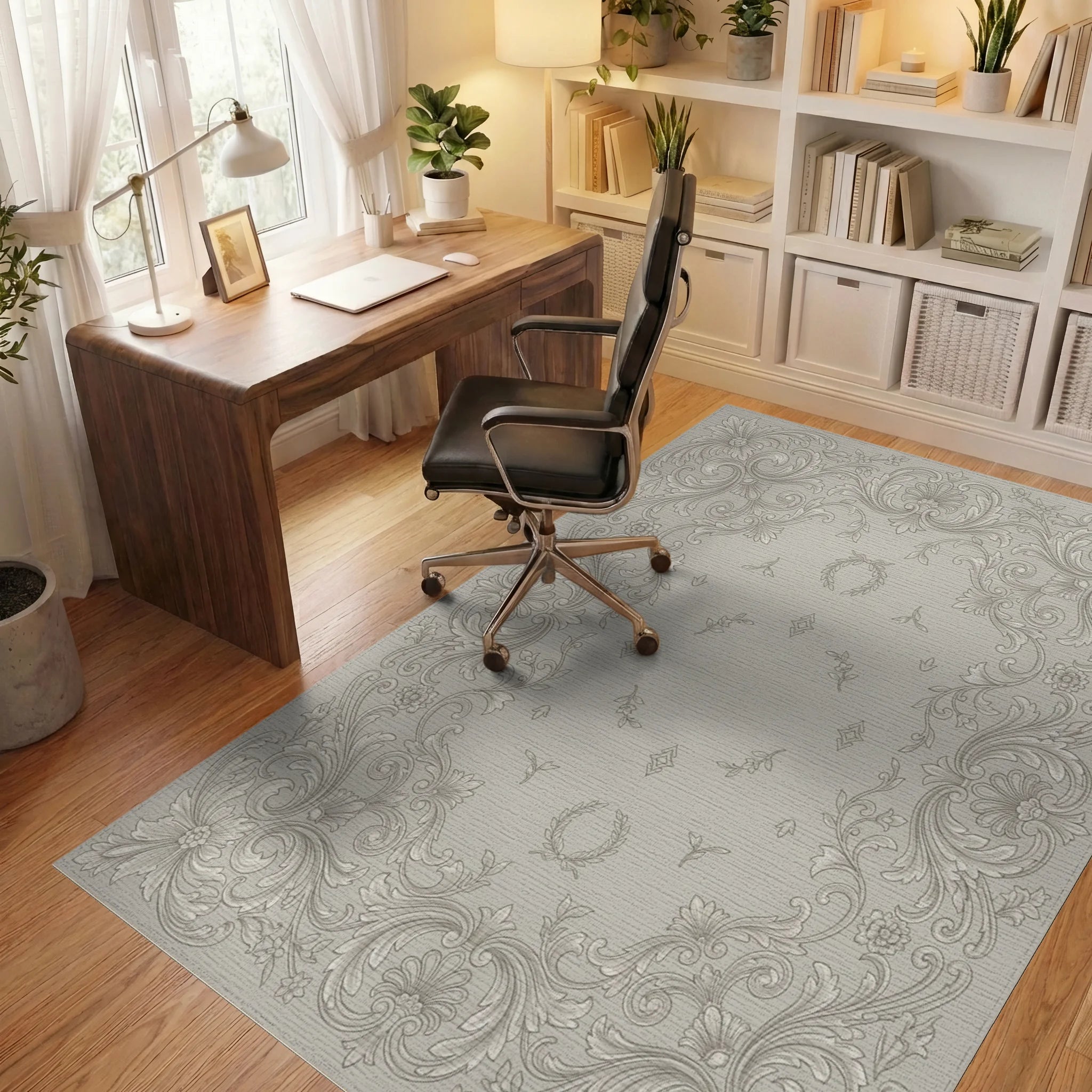 Ornate Beige Floral Scroll Frame Rug Office View