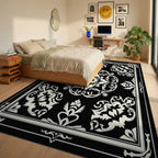 Ornate Black Cream Floral Medallion Rug - Bedroom View