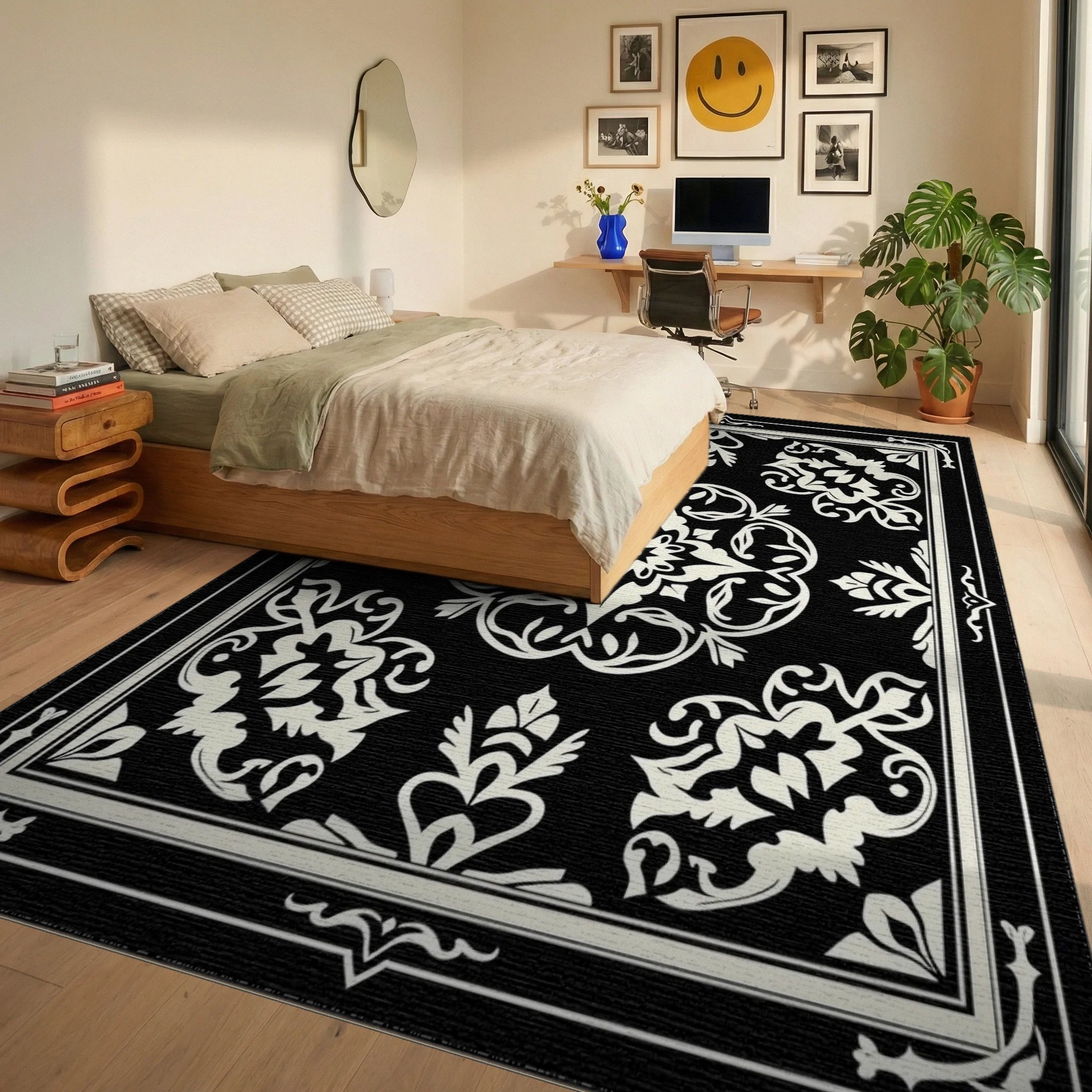 Ornate Black Cream Floral Medallion Rug - Bedroom View
