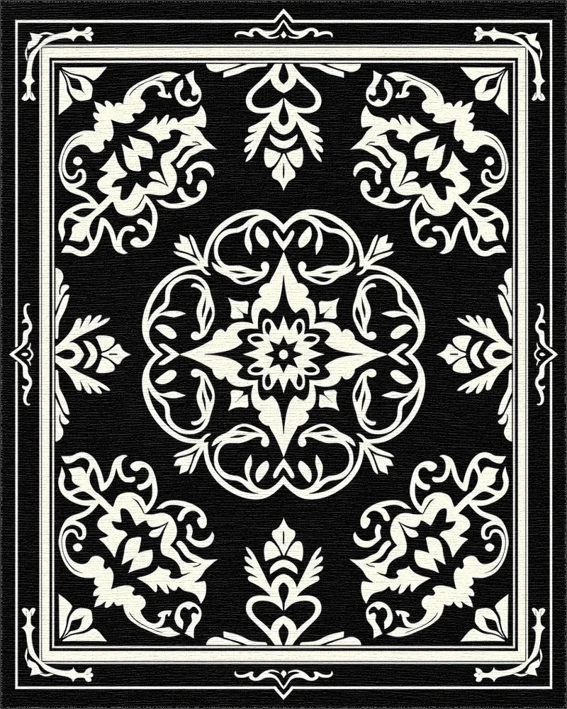 Ornate Black Cream Floral Medallion Rug - Cutout View