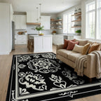 Ornate Black Cream Floral Medallion Rug - Living Room View
