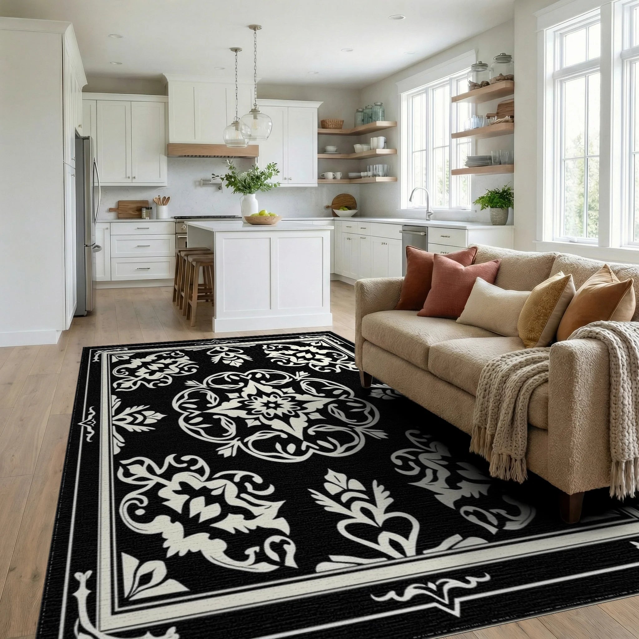 Ornate Black Cream Floral Medallion Rug - Living Room View