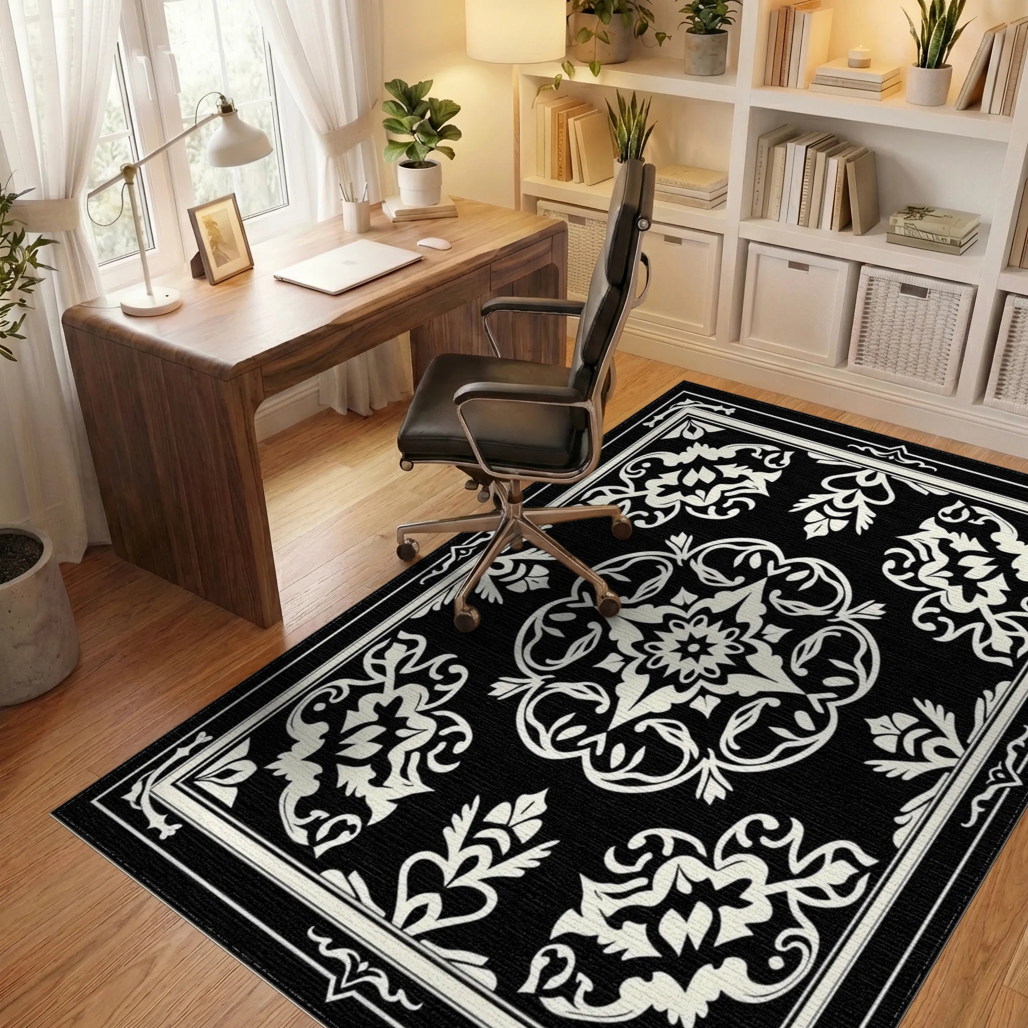 Ornate Black Cream Floral Medallion Rug - Office View