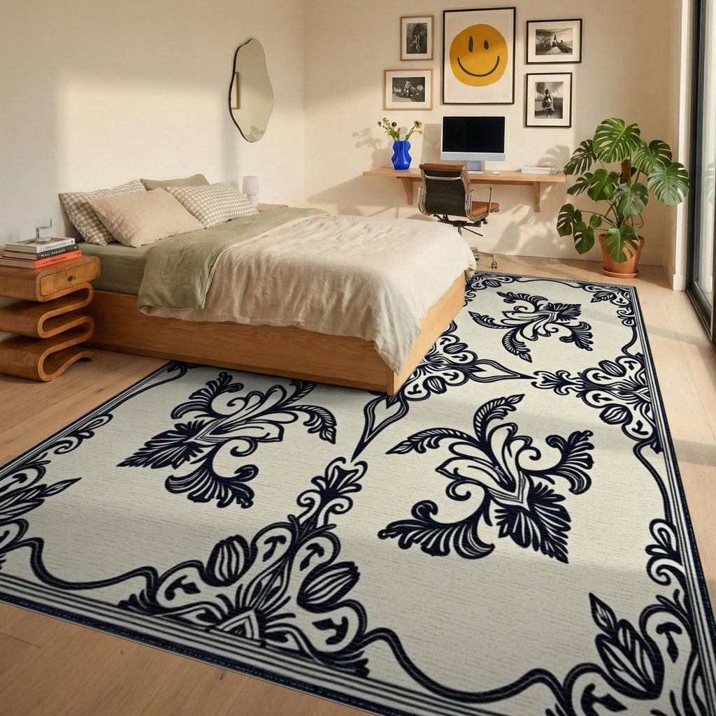 Ornate Black Floral Damask Pattern Rug Bedroom View