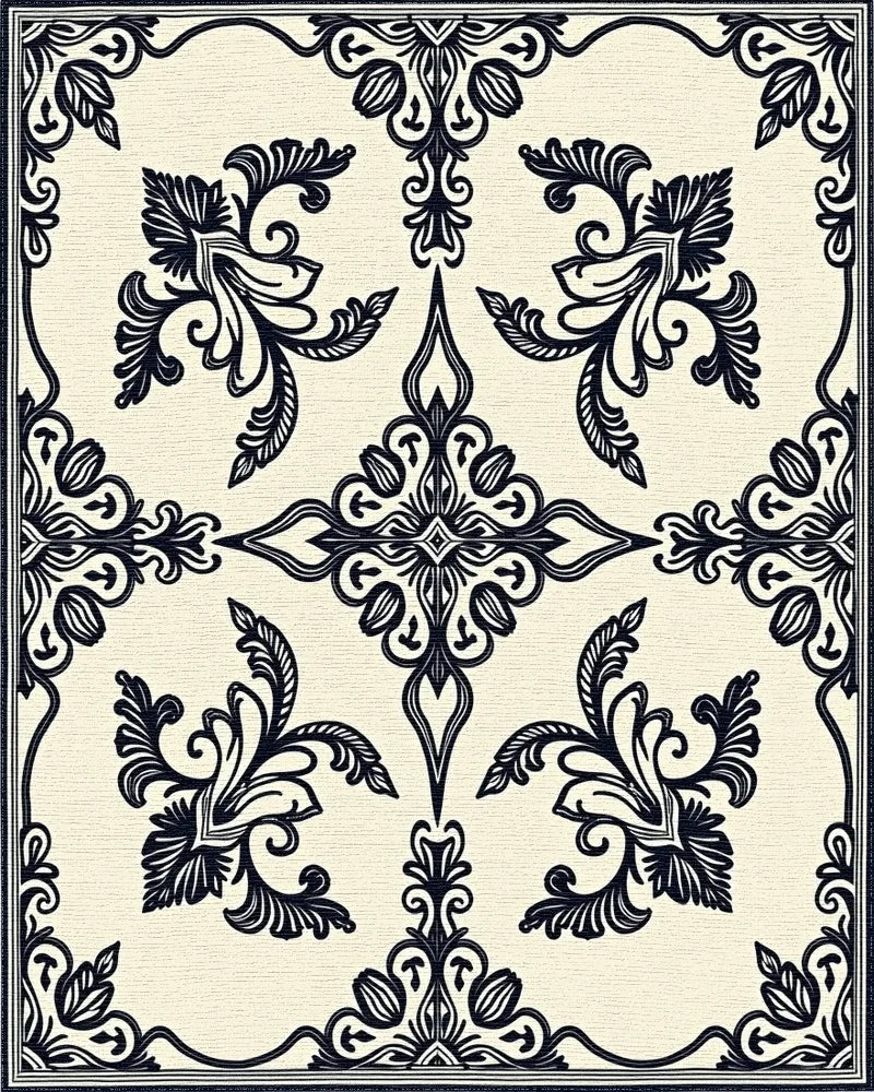 Ornate Black Floral Damask Pattern Rug - Cutout View