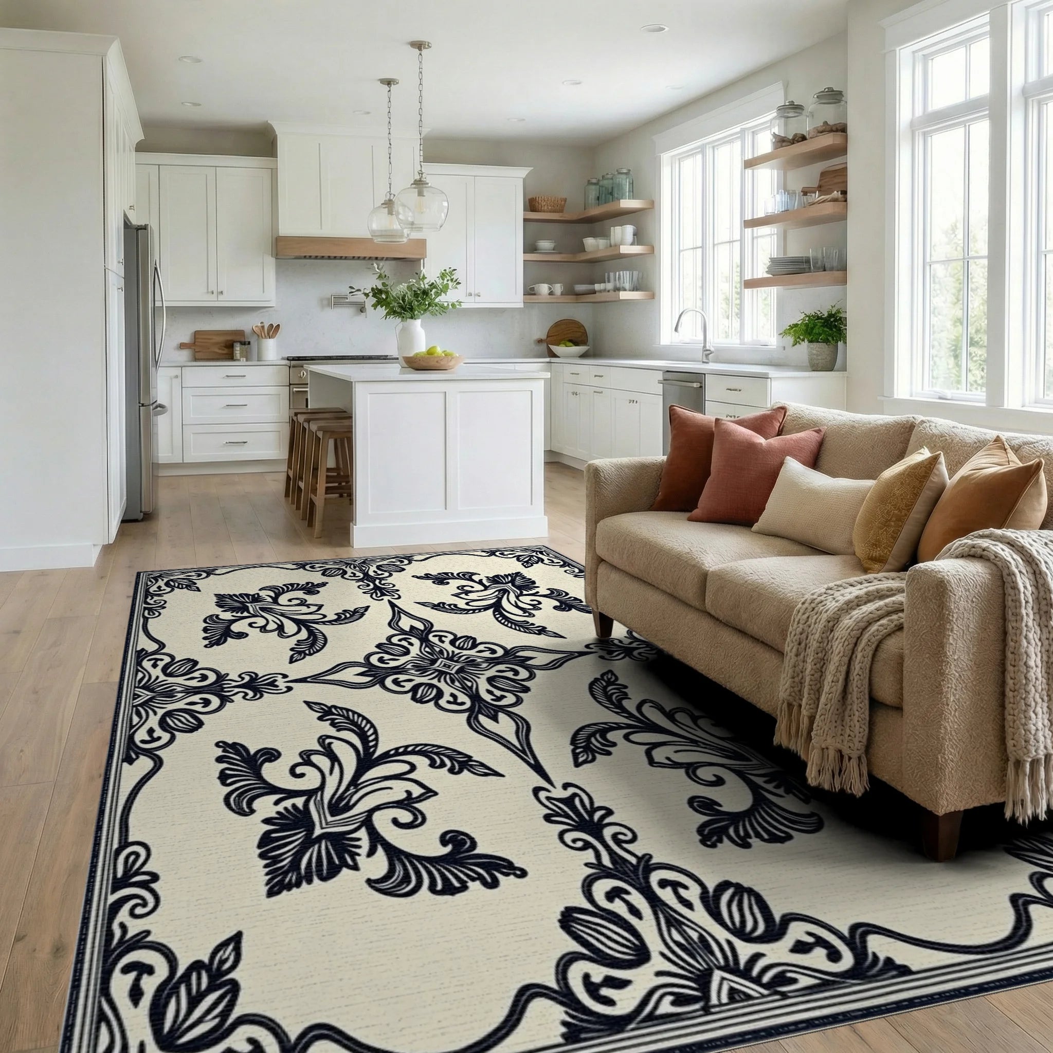 Ornate Black Floral Damask Pattern Rug Living Room View