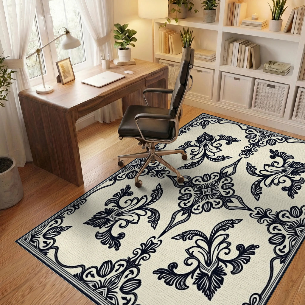 Ornate Black Floral Damask Pattern Rug Office View