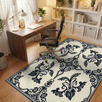 Ornate Black Floral Damask Pattern Rug Office View