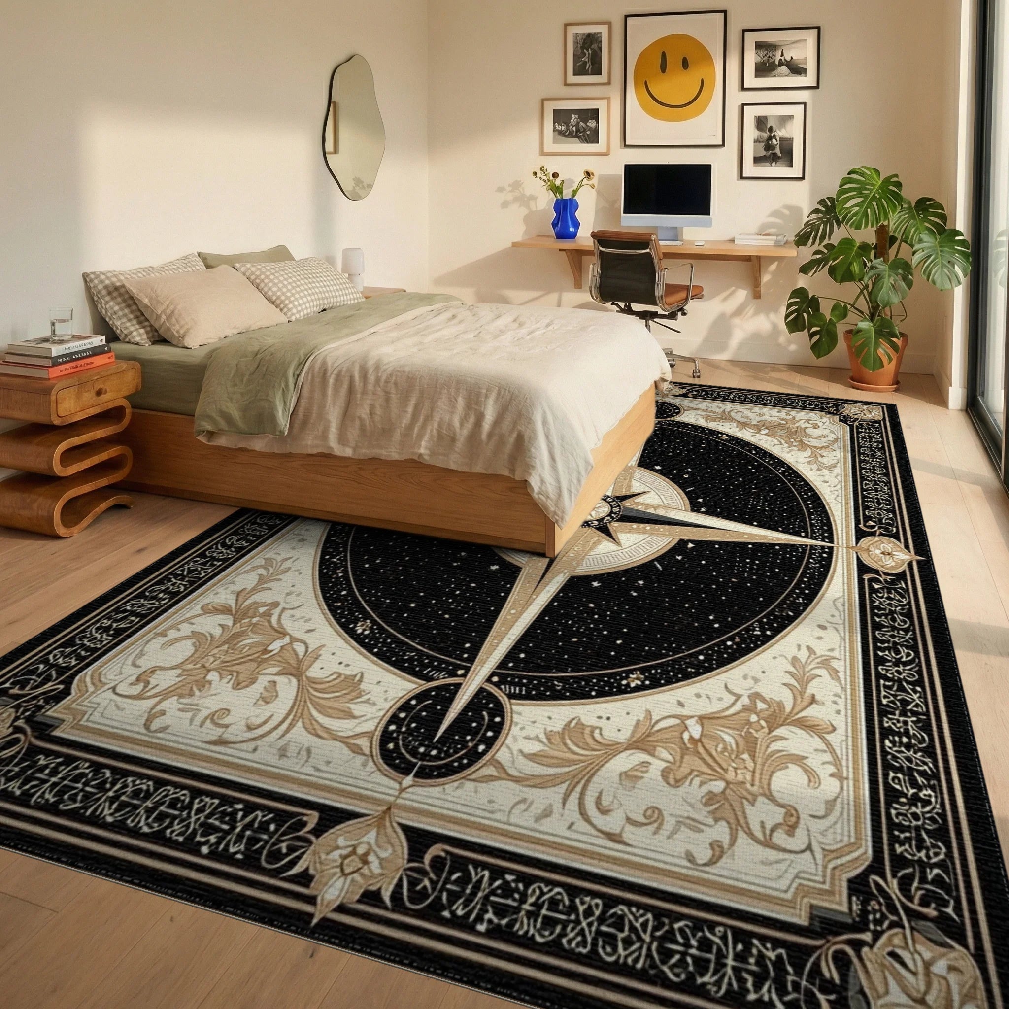 Ornate Black Gold Compass Rose Rug - Bedroom View