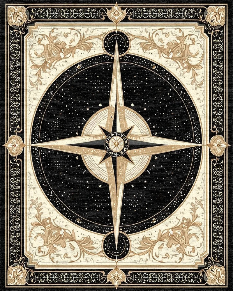 Ornate Black Gold Compass Rose Rug - Cutout View