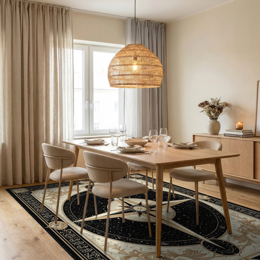 Ornate Black Gold Compass Rose Rug - Dining Room View