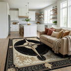 Ornate Black Gold Compass Rose Rug - Living Room View