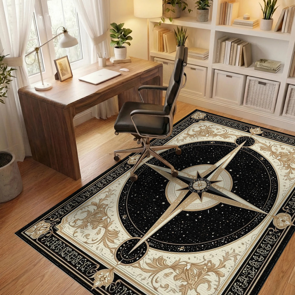 Ornate Black Gold Compass Rose Rug - Office View