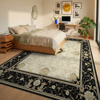 Ornate Black Gold Floral Medallion Rug - Bedroom View