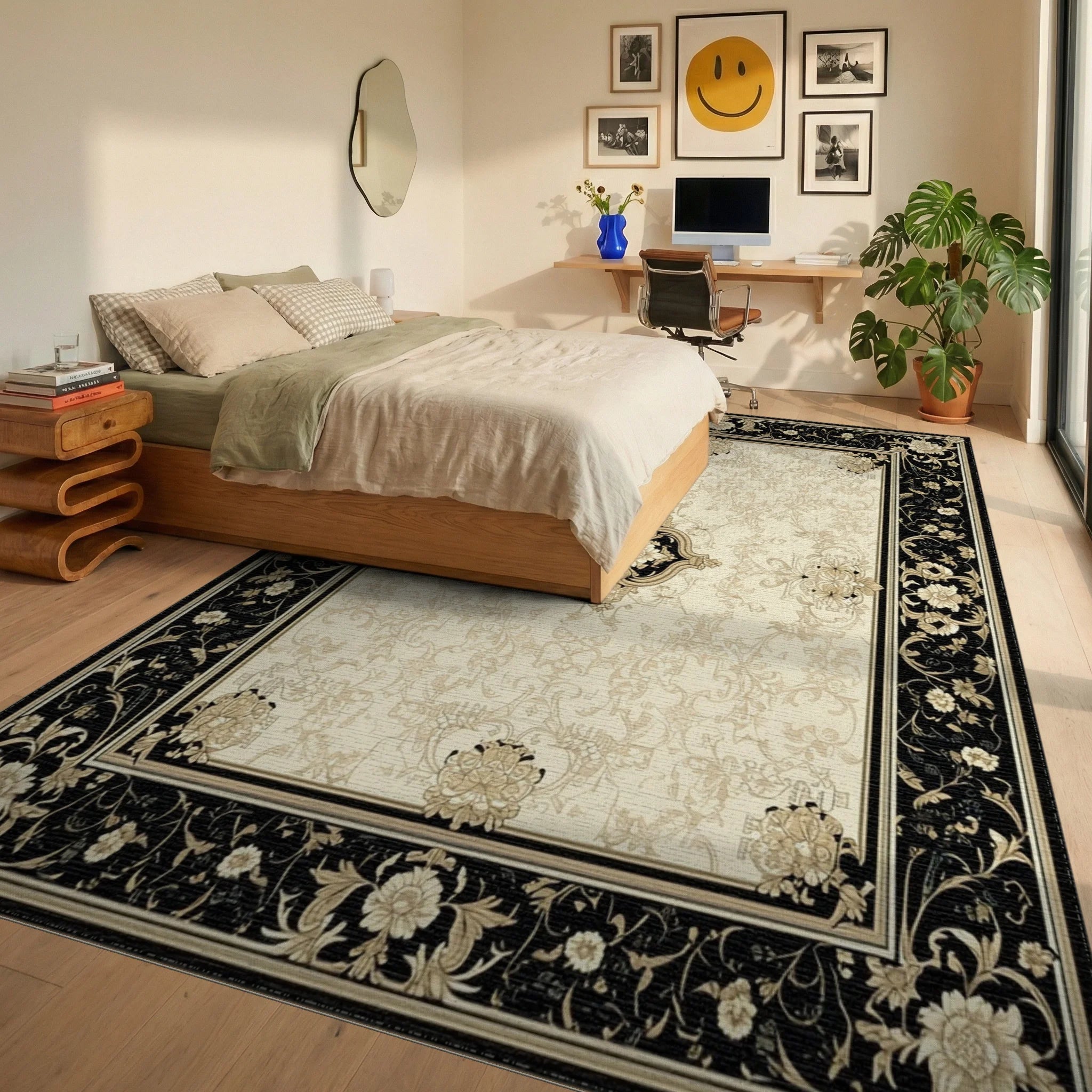 Ornate Black Gold Floral Medallion Rug - Bedroom View