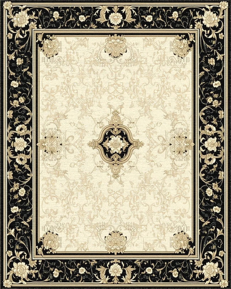 Ornate Black Gold Floral Medallion Rug - Cutout View