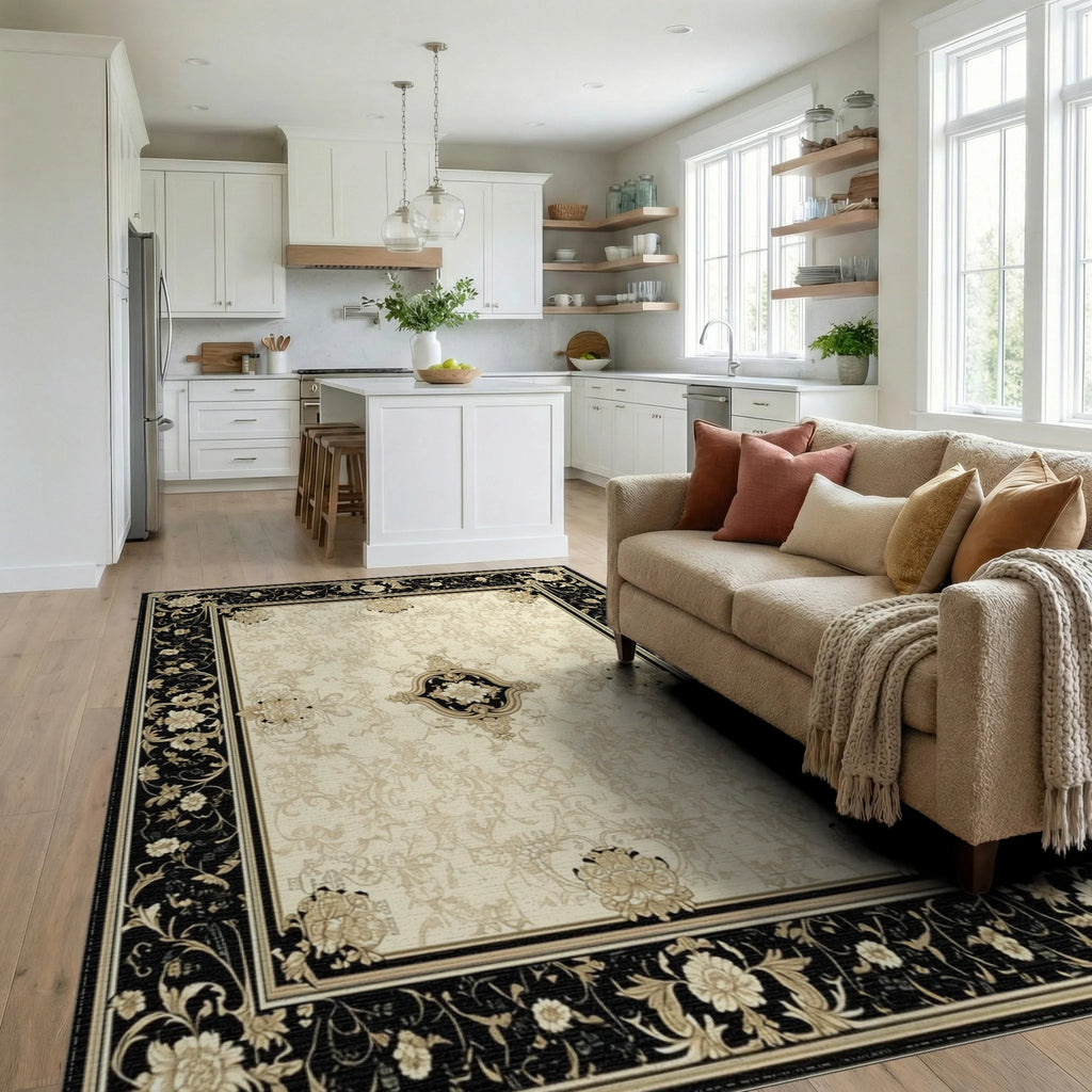 Ornate Black Gold Floral Medallion Rug - Living Room View