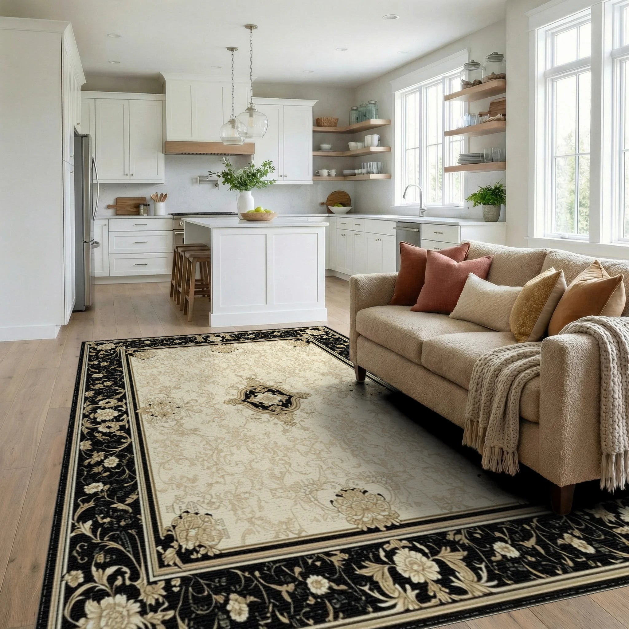 Ornate Black Gold Floral Medallion Rug - Living Room View