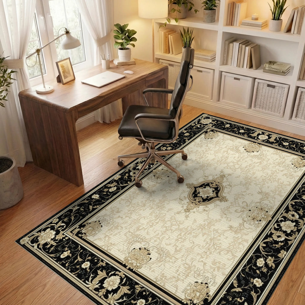 Ornate Black Gold Floral Medallion Rug - Office View