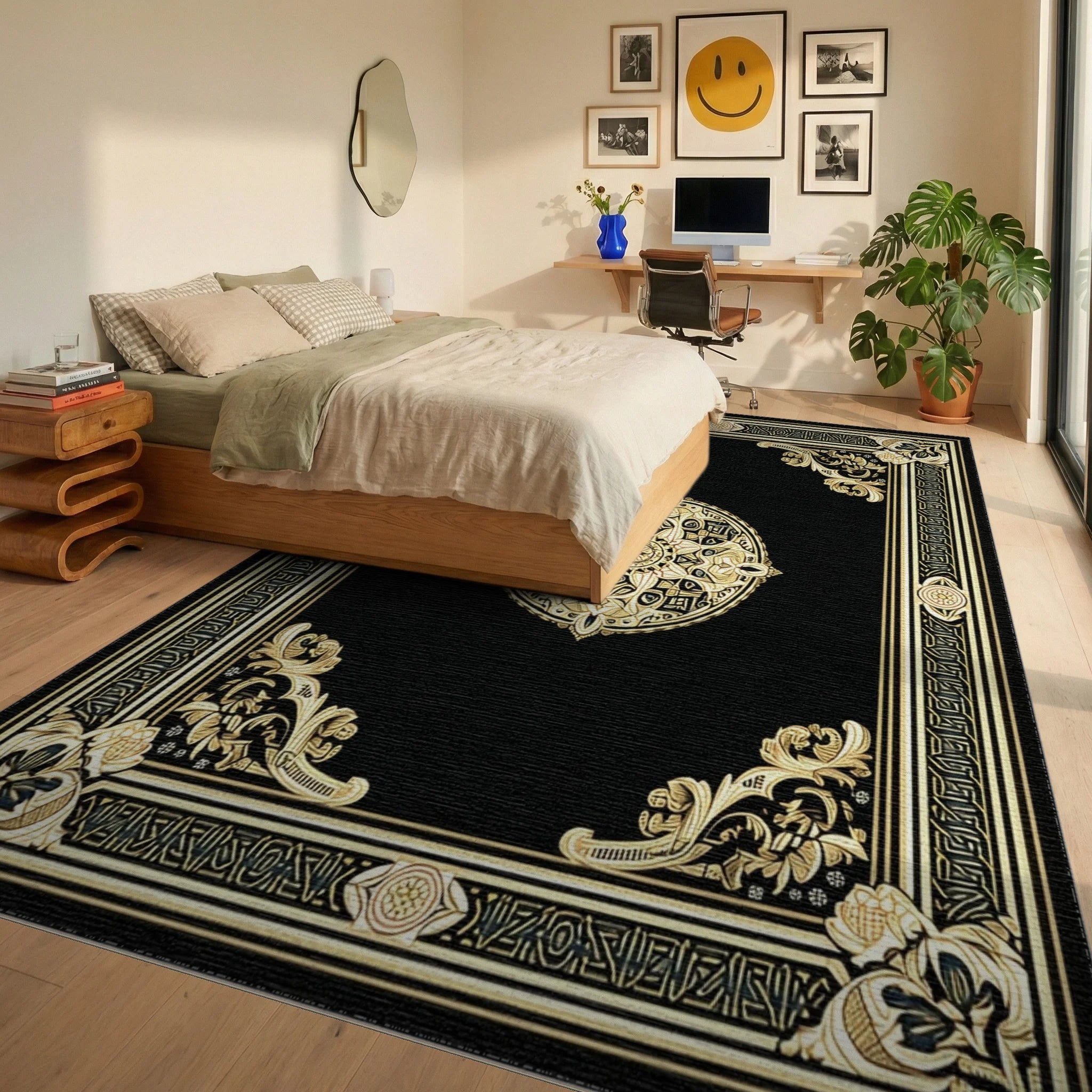 Ornate Black Gold Mandala Pattern Rug - Bedroom View