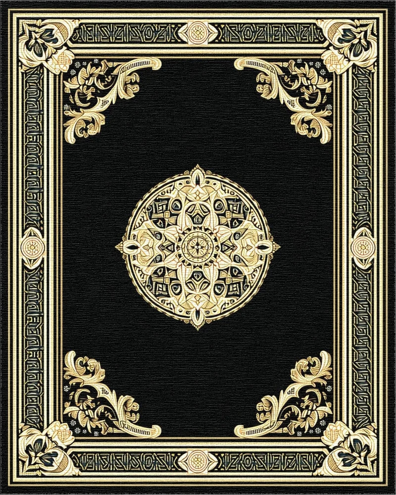 Ornate Black Gold Mandala Pattern Rug - Cutout View
