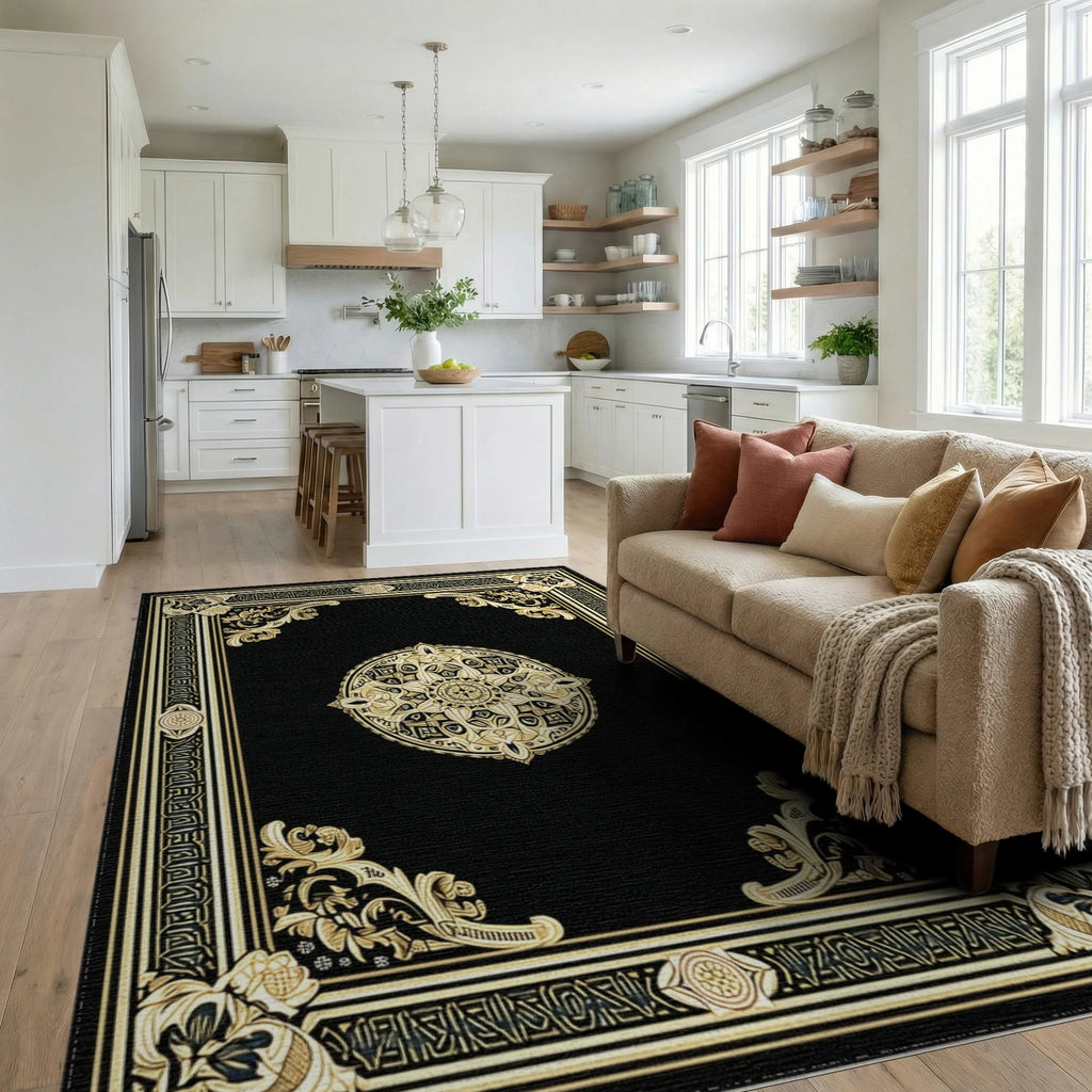 Ornate Black Gold Mandala Pattern Rug - Living Room View