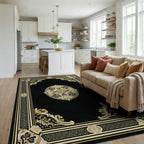Ornate Black Gold Mandala Pattern Rug - Living Room View
