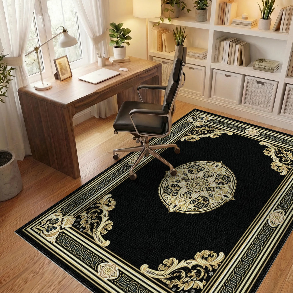Ornate Black Gold Mandala Pattern Rug - Office View