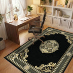 Ornate Black Gold Mandala Pattern Rug - Office View