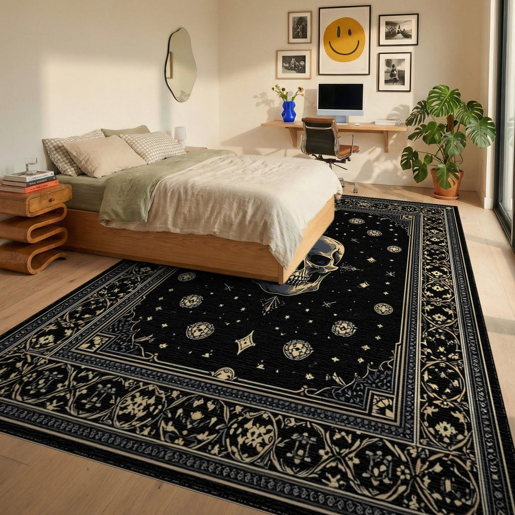 Ornate Black Gold Skull Stars Rug - Bedroom View