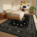 Ornate Black Gold Skull Stars Rug - Bedroom View