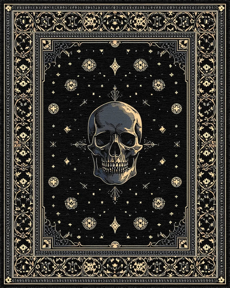 Ornate Black Gold Skull Stars Rug - Cutout View