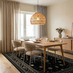 Ornate Black Gold Skull Stars Rug - Dining Room View