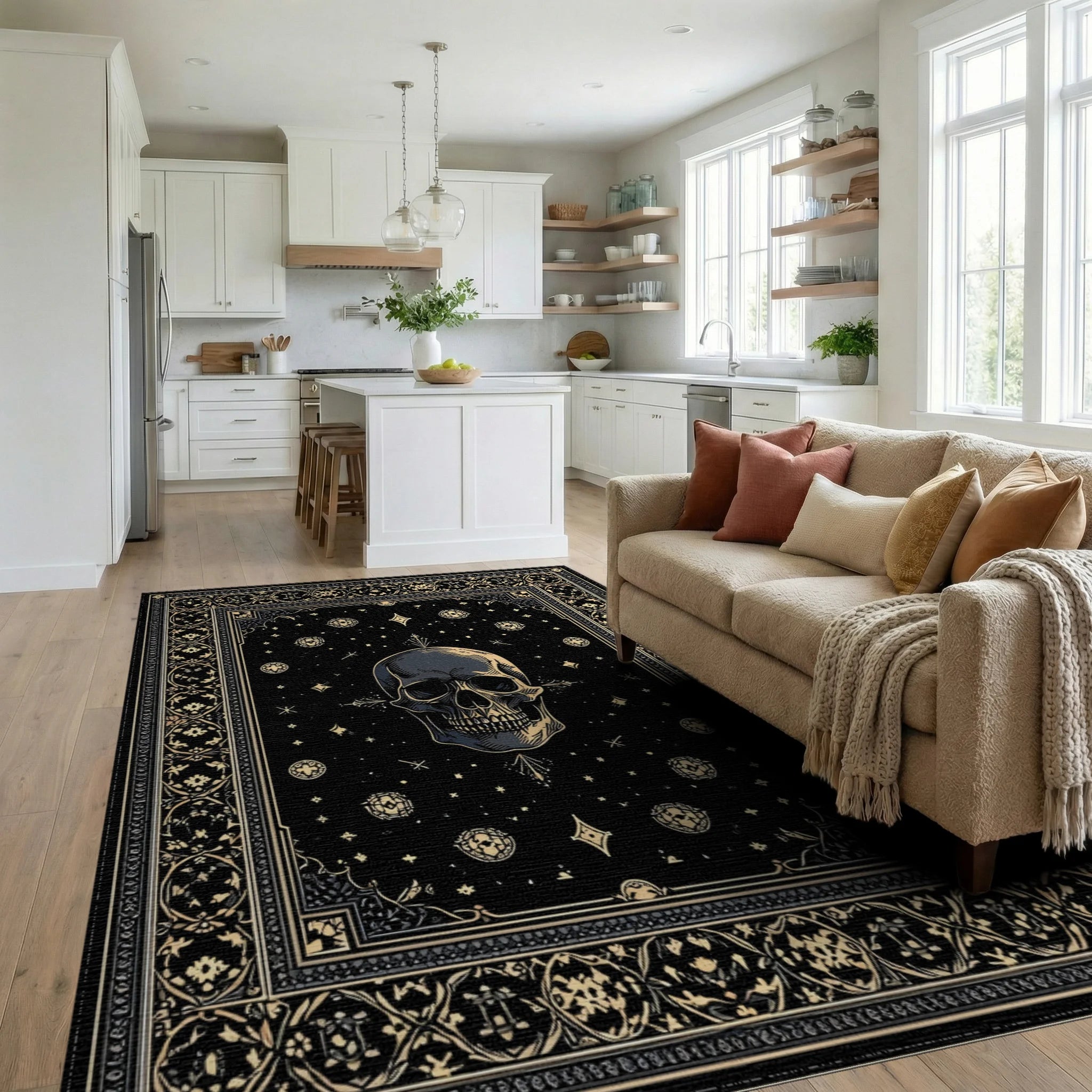 Ornate Black Gold Skull Stars Rug - Living Room View